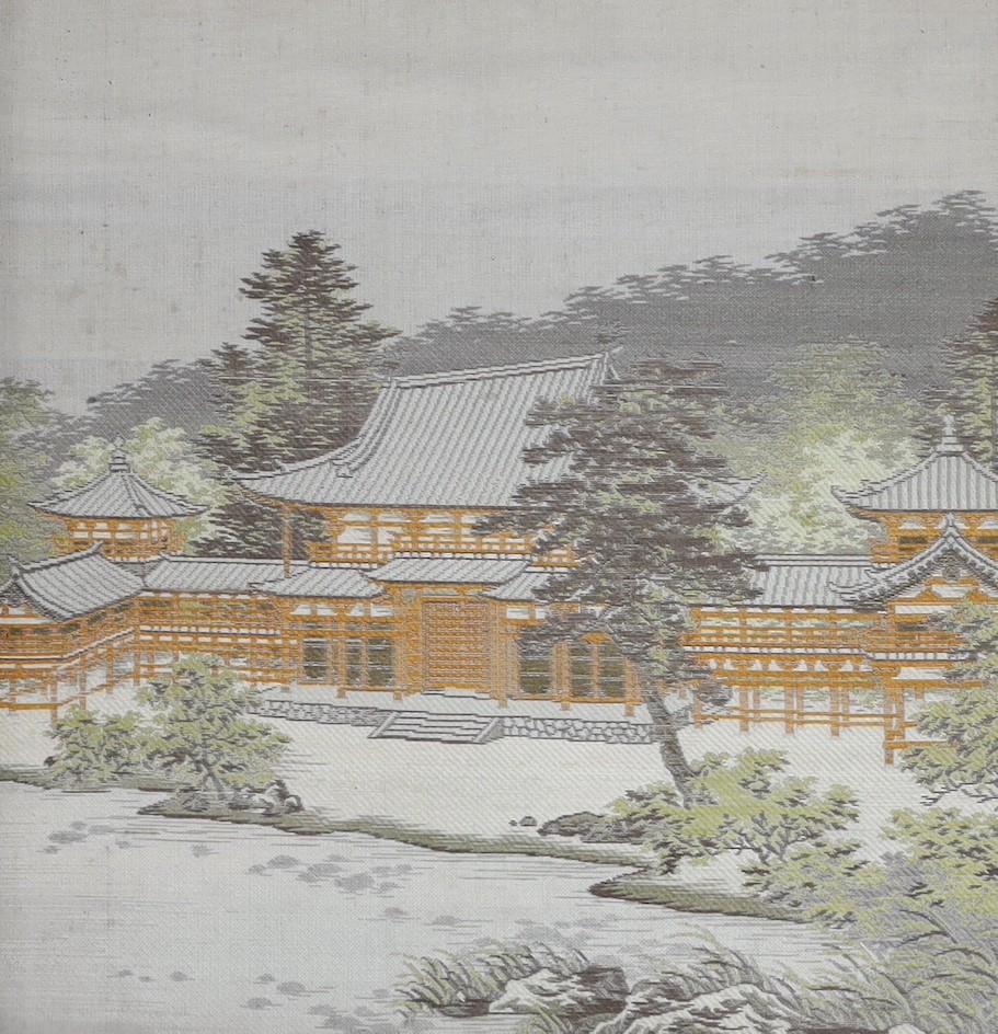 A set of six Japanese silk woven architecture scenes in painted lacquered framed, 25 x 24cm